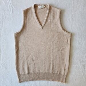 Vintage 70s V Neck Sweater Vest Mens Medium Tan Wool Blend Knit Made in Canada